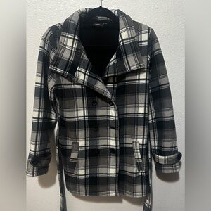 Ike Behar Black and Grey Plaid Pea Coat